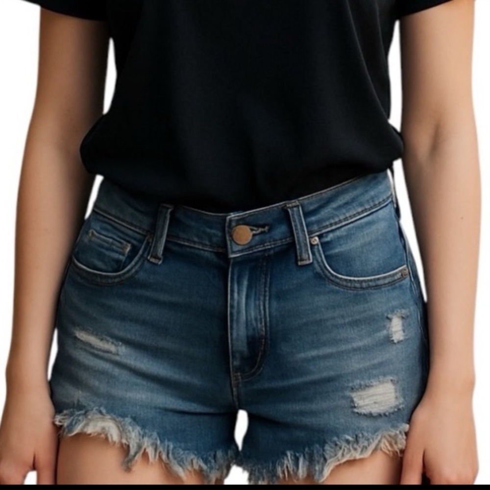 ONEILL DISTRESSED STRETCH BLUE JEAN CUTOFF RAW HEM CHEEKY SHORTS 28